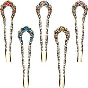 Elegant Floral Hair Sticks Set - Red, Blue, Orange Accents